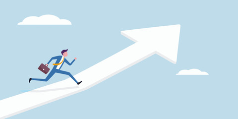 Businessman running up a white arrow towards the sky