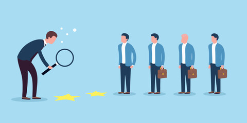 Recruiter inspecting candidates with magnifying glass and stars