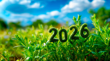 Annual digits 2026 on fresh vegetation field soft outdoor background happy new year number display green grass 3D visualization seasonal transition scene year celebration