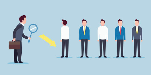 Business man inspecting candidates with magnifying glass and arrow
