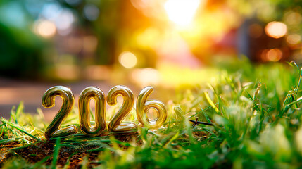 Annual digits 2026 on fresh vegetation field soft outdoor background happy new year number display green grass 3D visualization seasonal transition scene year celebration