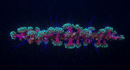 Abstract glowing neon light particles forming a vibrant colorful and ethereal explosion of light against a dark background