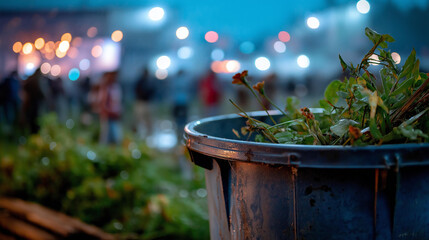 Dark waste container on vegetation with hazy event attendees defocused gathering background outdoor cleanup scene post celebration disposal event waste management festival