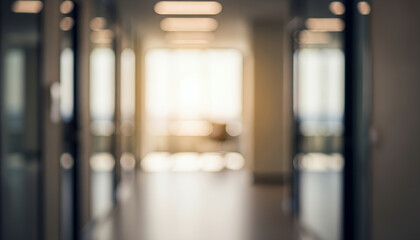 Soft afternoon light fills the blurred office corridor, blending with warm ceiling fixtures and frosted glass panels to create a calm, quiet atmosphere as the workday winds down.