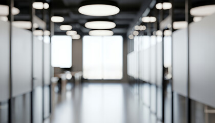 Calm daylight streams down a modern office corridor, highlighting frosted glass panels and smooth reflective flooring while soft circular lights enhance the organized, inviting workspace feel.