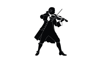 Silhouette of a historical figure playing the violin with dramatic flair