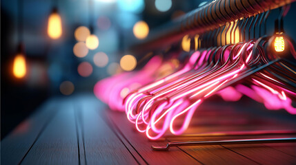Shopping event neon illumination glowing with pink lights defocused dark stage background spotlights wooden floor representing sale discount event black friday visualization
