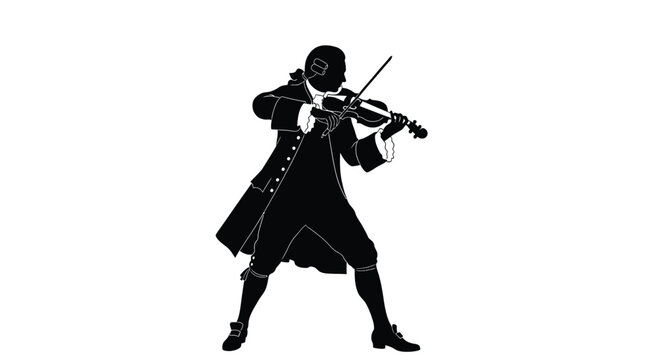 Silhouette of a historical figure playing the violin with dramatic flair