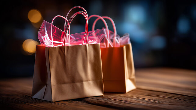 Shopping event neon illumination glowing with pink lights defocused dark stage background spotlights wooden floor representing sale discount event black friday visualization