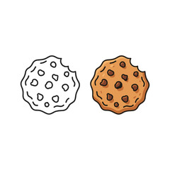 Outline and colored chocolate chip cookie cartoon drawing