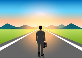 Obraz premium Businessman Walking on Asphalt Road. Business Opportunity and Career Success Concept. Vector Illustration. 