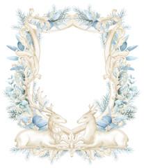 Watercolor Winter wedding crest, holiday frame, reindeer couple, blue fir branches, eucalyptus, beige, blue, ornament