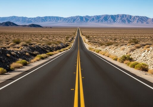 A long empty road in the middle of a desert with mountains in the background