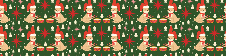 Festive Christmas border pattern with adorable bunny and holiday decorations. Winter design background with forest animals, stars, and ornaments for seasonal celebration cards.