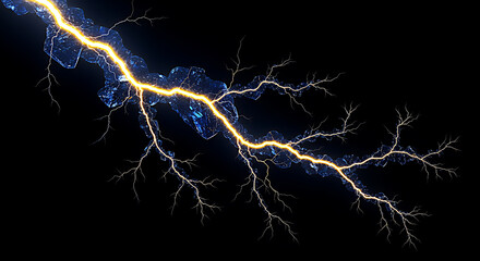 Dramatic bright yellow lightning bolt striking down from the dark stormy sky with intricate fractal branches illuminating the night