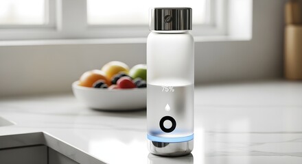 Modern water bottle with smart technology on kitchen countertop