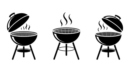 Set of three black barbecue grills with smoke rising, featuring open and closed lids, simple vector illustrations for outdoor cooking and summer events