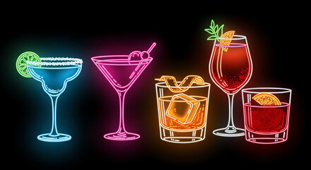 Neon cocktail drinks glowing on black background  
