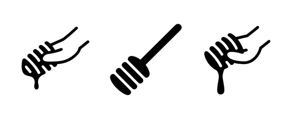 Obraz premium Minimalist black vector icon set of honey dippers, including a hand holding one with dripping honey, symbolizing natural sweetness.
