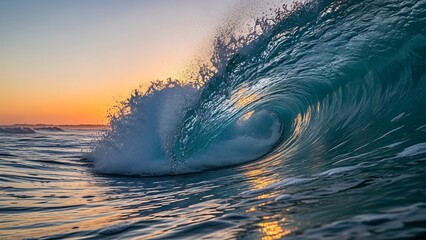 Captivating ocean wave cresting at sunset with golden light.