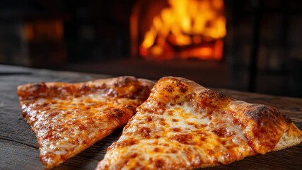 Close Up of Two Slices of Hot Cheesy Pizza Freshly Baked in a Wood Fired Oven with a Warm Glowing Fire in the Background on a Rustic Wooden Surface Perfect for a Cozy Italian
