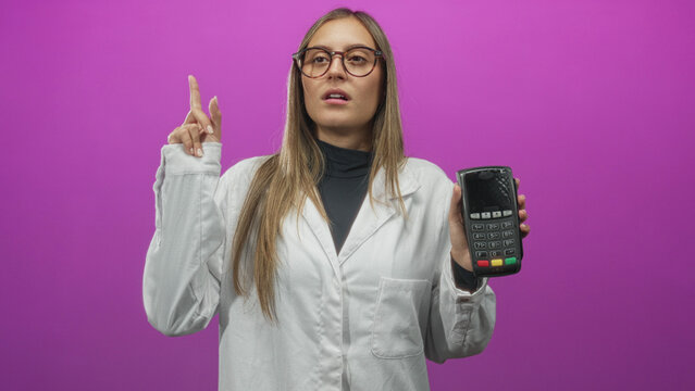 Woman in white lab coat and glasses holding a payment terminal with keypad and pointing finger in a studio; payment confidence.