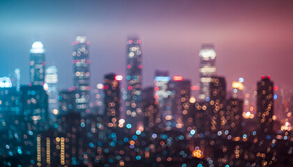 Softly blurred skyscrapers illuminate the night with scattered neon tones and warm highlights, forming a mesmerizing abstract view of a lively modern skyline.