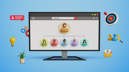 HR Management. Human Resource Planning, Network Administration, IT Management, Enhanced Performance, Recruitment, Training, Workforce., Leadership. Business Professional Managing team on 3D Computer