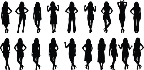 Collection of Women Silhouettes in Fashionable Clothes Various Poses Confidence Style Beauty Modeling Femininity Elegance Power Diversity Isolated White Background