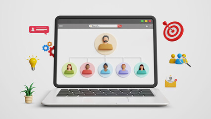 Network Administration, IT Management, Workforce Planning, Talent Development, Leadership, Employee Engagement, Compliance Support, Strategic Human Resources. HR Management Concept on a 3D Laptop