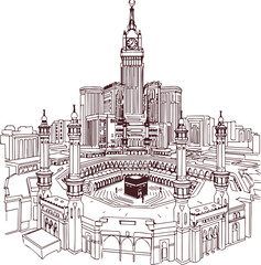 Grand Mosque Mecca and Kaaba Line Art Illustration