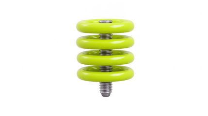 Green insulator with four stacked ceramic discs and metal spring, used for electrical power line support, isolated on transparency background. Modern, durable, and essential for safety