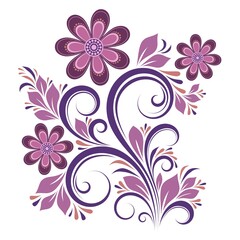 Floral decorative colorful pattern with flowers, swirls, and leaves of pink, purple, and beige colors on a white isolated background, Floral design element.
