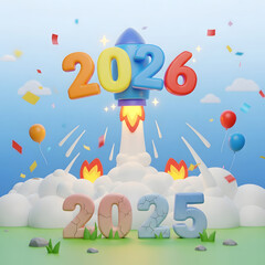 Obraz premium 2026 New Year Rocket Launch Celebration with Confetti and Balloons. AI Generated