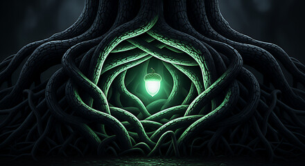 Mysterious glowing green crystal nestled within the intricate gnarled roots of an ancient dark forest tree