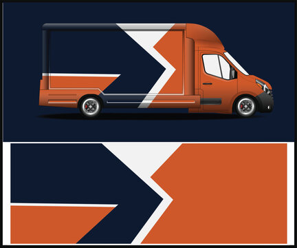 Orange delivery van mockup with abstract arrow graphic wrap design