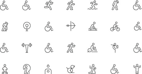 “Minimalist Disability & Adaptive Sports Line Icons Set – Inclusive Activity Vector Illustration”