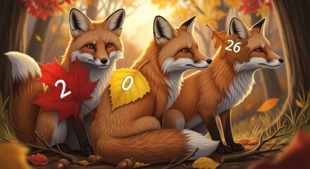 Obraz premium Three Foxes in Autumn Forest Cartoon - Cute cartoon of three foxes sitting amongst fallen leaves in an autumn forest. The illustration uses a warm color palette and soft lighting