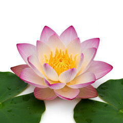 Delicate pink and yellow lotus flower with green leaves