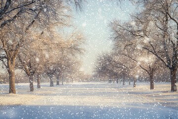 Snowy winter park scene with sunshine filtering through trees, creating a magical and serene atmosphere for holiday backgrounds and seasonal designs