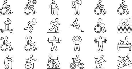 “Disability Inclusive Activity Icons – Line Art Set of Wheelchair Sports, Running, Swimming, Fitness, Mobility Support and Exercise Symbols”