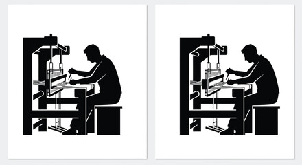 Silhouette of a person operating a vintage weaving loom side by side comparison