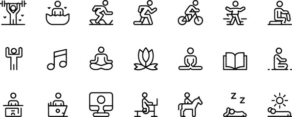 “Minimalist Lifestyle & Wellness Line Icon Set – Fitness, Relaxation, Travel, Daily Activities, Meditation, Exercise & Hobby Outline Illustrations”