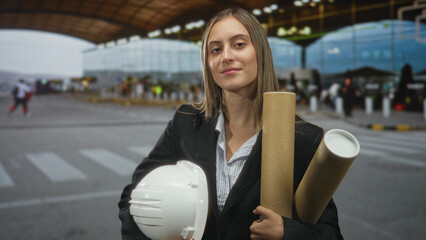 Young hispanic woman holding white hard hat and rolled blueprint tubes at airport curbside, looking to the side with steady gaze; career confidence.
