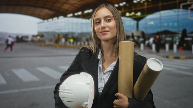 Young hispanic woman holding white hard hat and rolled blueprint tubes at airport curbside, looking to the side with steady gaze; career confidence. - Powered by Adobe