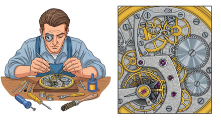 A watchmaker meticulously repairs intricate clockwork mechanisms with precision tools