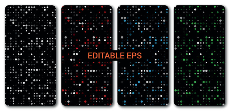 Set of four abstract digital backgrounds featuring a pattern of colorful glowing dots on a, suitable for mobile screen wallpaper or futuristic design element, editable vector