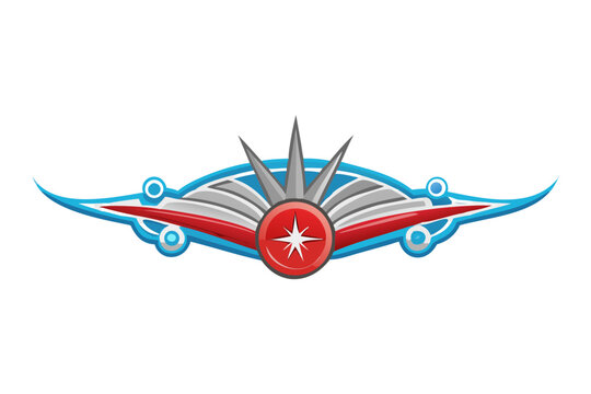 Red and green lotus flower emblem with symmetrical lines