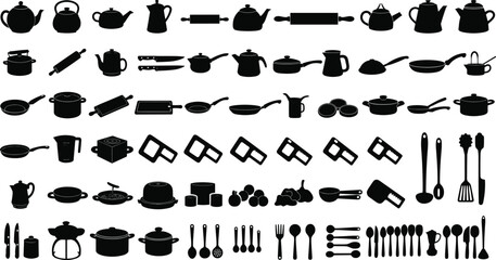 Extensive Kitchen Utensils Cookware Silhouettes Collection Pots Pans Knives Spoons Teapots Cooking Baking Service Supplies Equipment Isolated White Background