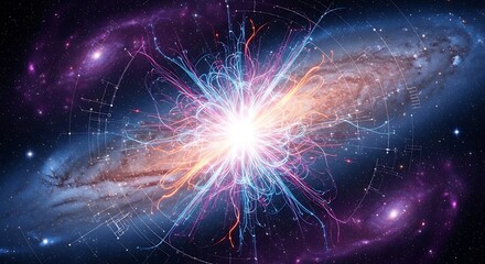 Cosmic explosion representing energy and particle physics in a dark space